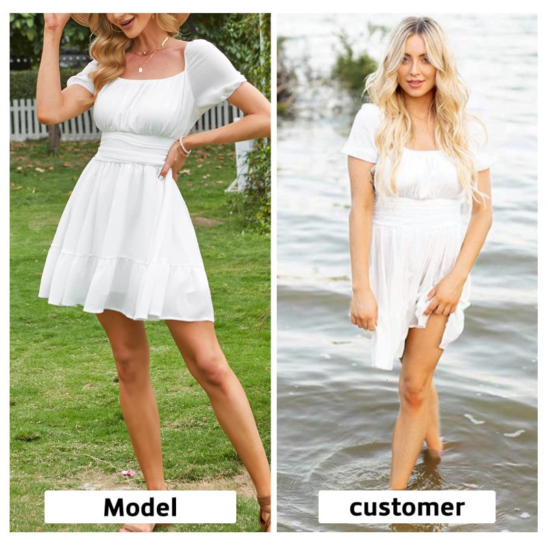 EXLURA Women's Tie Back Square Neck Short Puff Sleeve Casual Dresses A Line Sundress Mini Dress White - Image 3