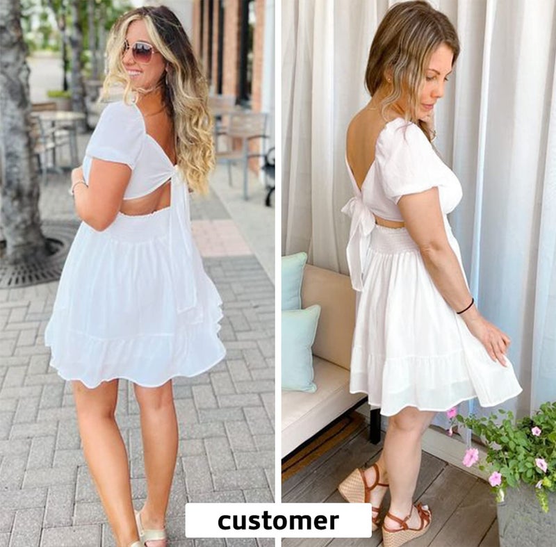 EXLURA Women's Tie Back Square Neck Short Puff Sleeve Casual Dresses A Line Sundress Mini Dress White - Image 4