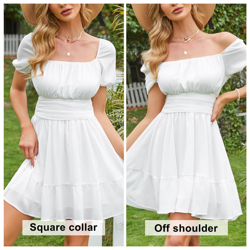 EXLURA Women's Tie Back Square Neck Short Puff Sleeve Casual Dresses A Line Sundress Mini Dress White - Image 5