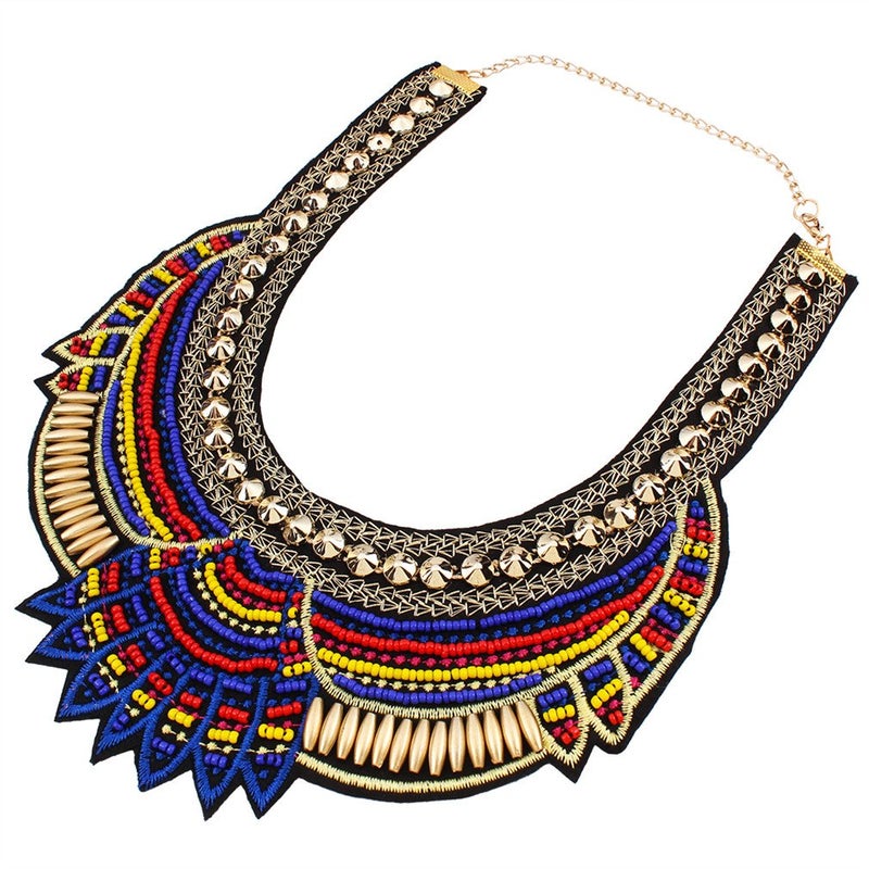 YAZILIND Ethnic Style Blue Multiple Millet Beads Chunky Chain Bib Statement Choker Collar Necklace for Women - Image 1