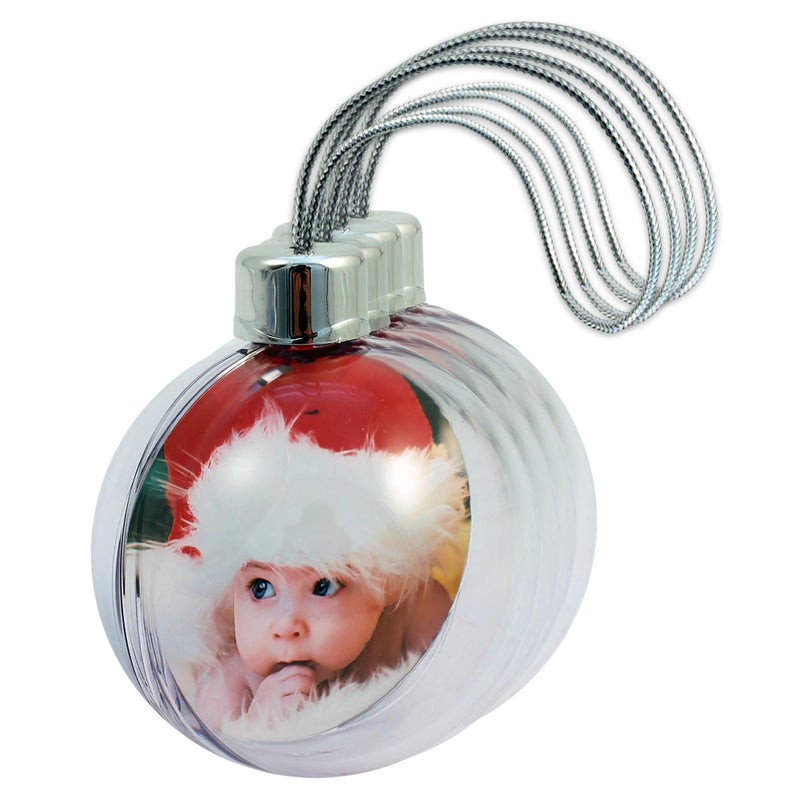 Bauble Pack of 4 Christmas Photo Baubles Clear Photo Frame Tree Decoration each holds 2 x 80 mm photos  Ideal Personalised Gifts Create your own Bauble Silver