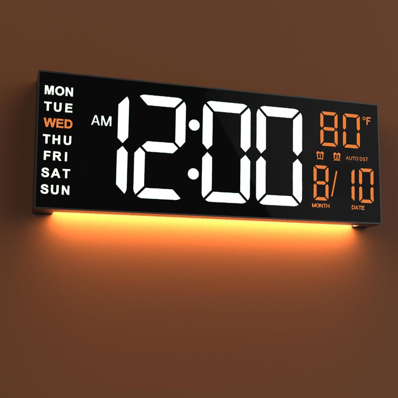 JALL 16 Large Digital Wall Mount Clock Count Down Timer Alarm Big LED RGB Color DST Temperature for Living Room Classroom Desk Xmas Birthday Gift for Senior Mom Dad White Orange 16 inches