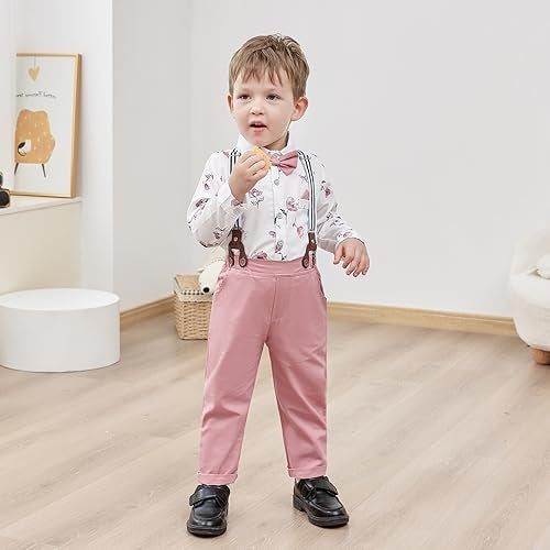 nilikastta Toddler Boy Dress Outfit Boys Formal Outfit Pink Dress Shirt Shirt/Bowtie/Suspender Pants for Social Activities 3-4t - Image 2