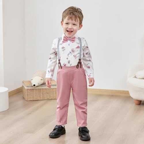 nilikastta Toddler Boy Dress Outfit Boys Formal Outfit Pink Dress Shirt Shirt/Bowtie/Suspender Pants for Social Activities 3-4t - Image 3