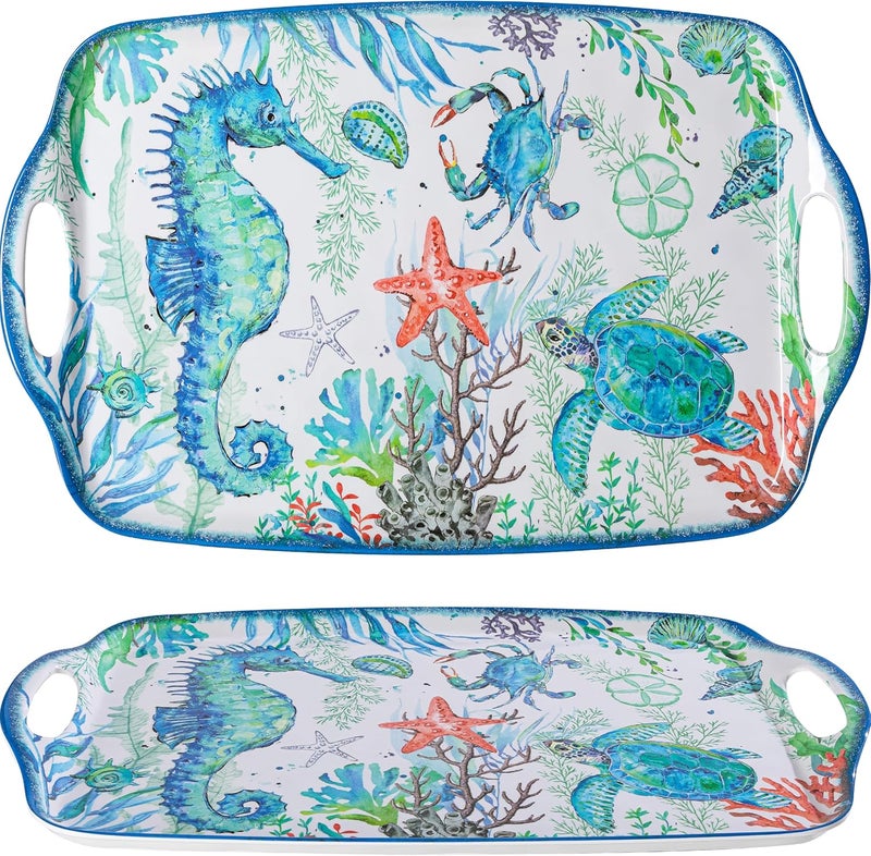 LEHAHA Serving Tray with Handles, Large Rectangular Melamine Serve Platter for Serve Food, Set of 2, 19 x 12 inch,Unbreakable Food Platter for Coffee Table, Ottoman Tray for Bedroom, Living Room. - Image 1