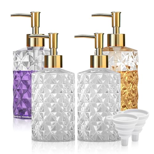 YTDTKJ Crystal Glass Soap Dispenser, 330ml/12oz. Clear Glass Lotion Soap Dispenser with Gold Pump, Crystal Design Reusable Hand Soap Dispenser for Kitchen Dish Soap, Shower Gel, Shampoo(4 Pack) - Image 1