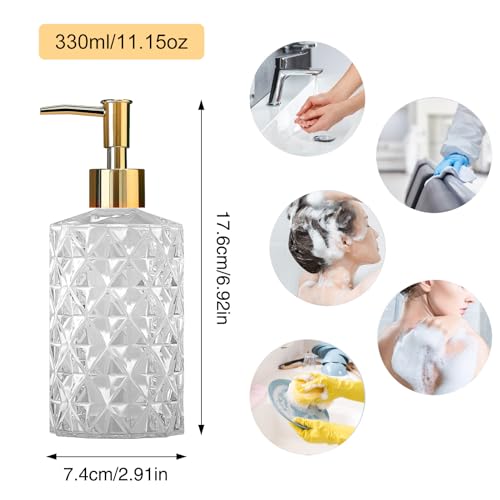 YTDTKJ Crystal Glass Soap Dispenser, 330ml/12oz. Clear Glass Lotion Soap Dispenser with Gold Pump, Crystal Design Reusable Hand Soap Dispenser for Kitchen Dish Soap, Shower Gel, Shampoo(4 Pack) - Image 2