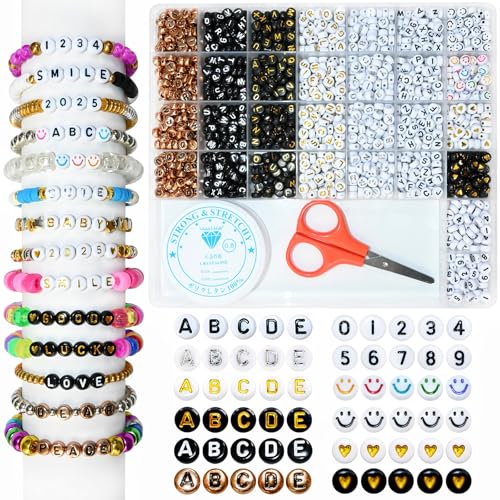 Looconi Amaney 1500 Pieces 6 Colors 4x7mm Round Acrylic Alphabet Letter Beads A-Z Mixed and Crystal Line for Jewelry Making - Image 1