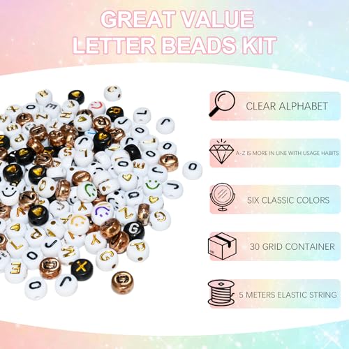 Looconi Amaney 1500 Pieces 6 Colors 4x7mm Round Acrylic Alphabet Letter Beads A-Z Mixed and Crystal Line for Jewelry Making - Image 4
