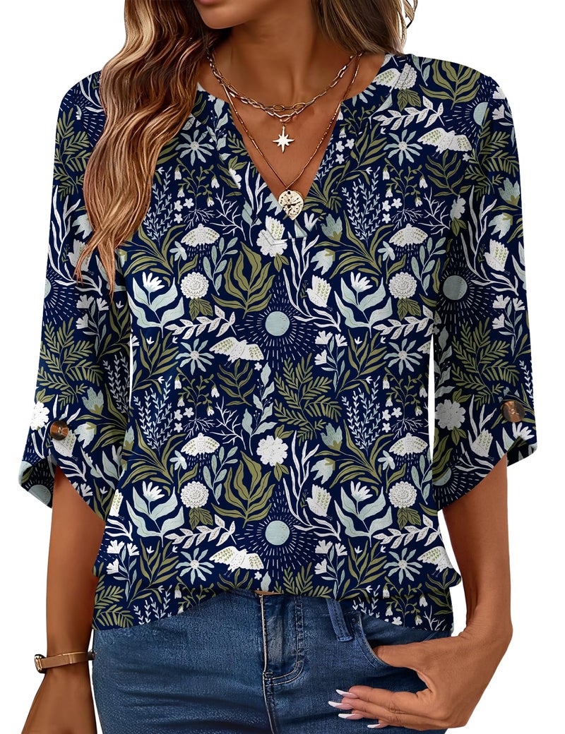 Kistore 3/4 Sleeve Tops for Women V Neck Stretchy Classic Fit Plant Pattern Tunic Dressy Casual Blouse Navy Blue L - Image 1