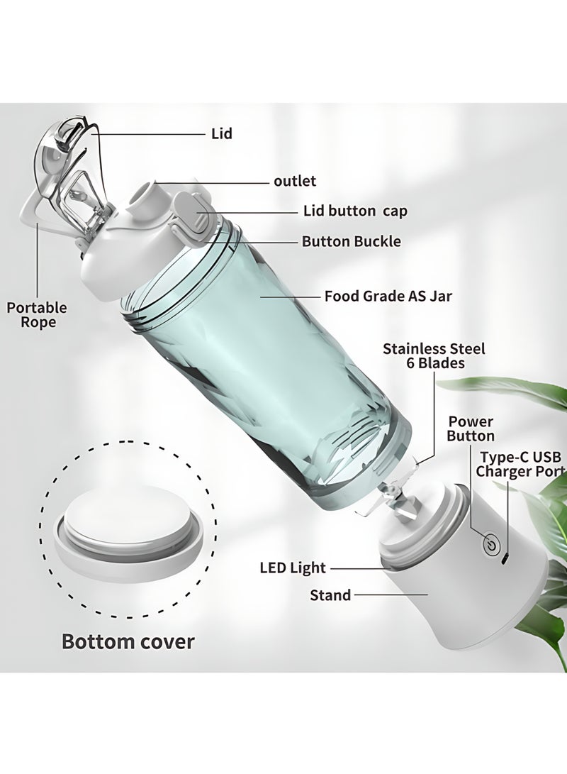 منقِّل محمّس عصير شخصي | زجاجة خلط عصير كهربائية بسعة 600 مللي لتر، 6 شفرات | غطاء للسفر | قابلة للإعادة الشحن بمنفذ USB-C | كوب خلط صغير صغير للمنزل، المكتب، الجيم | 1 قطعة (أبيض) - view 3