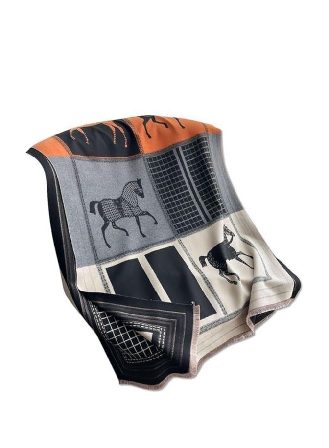 Women's Winter Pashmina Cashmere Vintage Horse Reversible Scarf with Tassel – Stylish and Warm Versatile Long Shawl - Image 1
