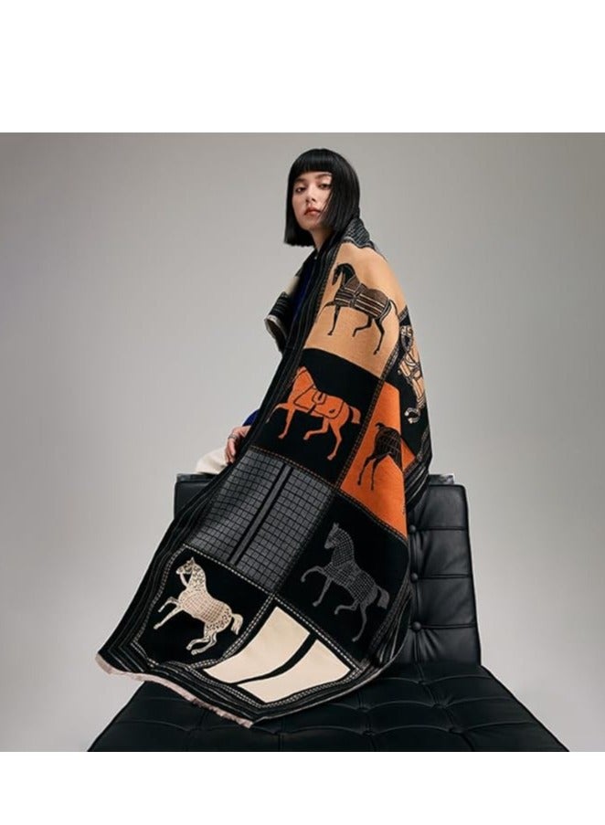Women's Winter Pashmina Cashmere Vintage Horse Reversible Scarf with Tassel – Stylish and Warm Versatile Long Shawl - Image 3