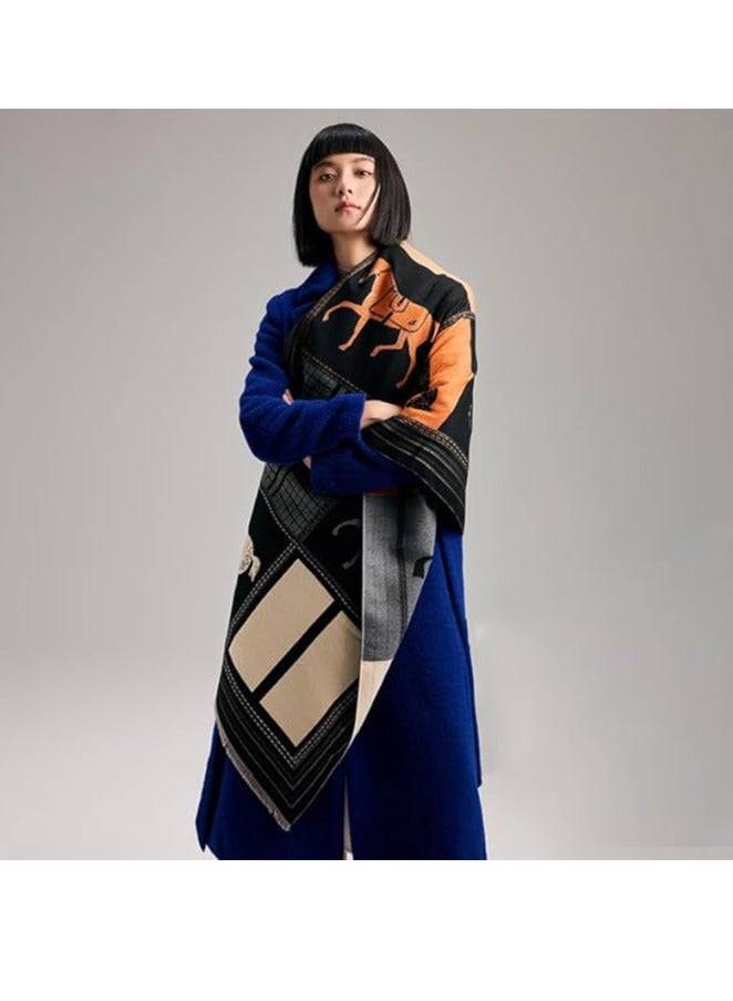 Women's Winter Pashmina Cashmere Vintage Horse Reversible Scarf with Tassel – Stylish and Warm Versatile Long Shawl - Image 2