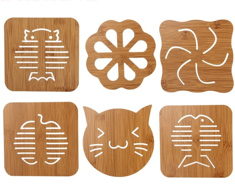 Mockery 6pcs Bamboo Trivet Mat Set Cute Cartoon Multifunction Kitchen Bamboo and Wood NonSlip Insulation Table Mat Pads Tool for Hot Dishes Pot Bowl Teapot Coaster Hot Pot Holders Random Pattern - Image 1