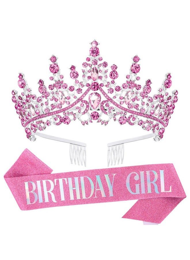 Velscrun Velscrun Pink Crystal Birthday Tiara Crowns for Women Girls Elegant Princess Crown with Combs Birthday Girl Headband Sash Happy Birthday Party Decorations Birthday Gift Cake Topper Hair Accessories  - Image 1