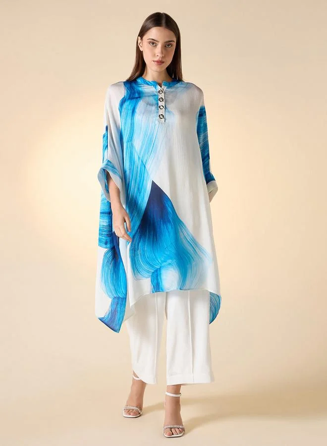 ايكونيك توب مطبوع بتصميم أيقوني وياقة ماندرين وأكمام ممتدة