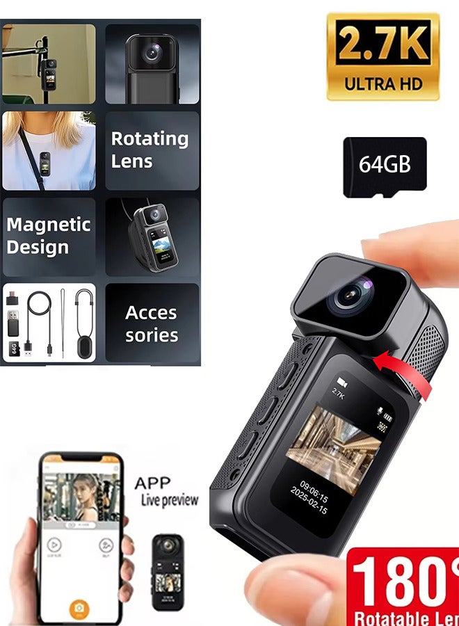 Generic 2025 New HD Sports Camera, 180° Rotating Lens, 1.47-inch Screen, Free 64GB Card, Multi-angle Outdoor Mini Camera, Multi-function WiFi Camera, Suitable for Vlog Recording, Cycling Travel, Social Media Blog  - Image 1