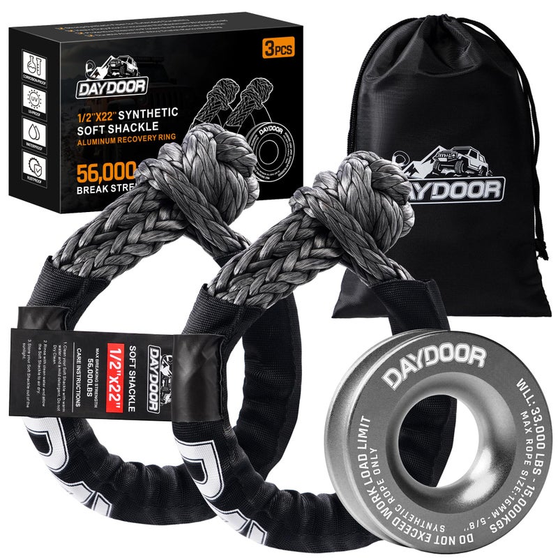 DAYDOOR 56000 LBS Soft Shackle Recovery Kit 12 x 22 2Pack with 7075 Aluminum Snatch Ring Winch Accessory for Jeep Wrangler Bronco 4Runner Tacoma ATVUTVJeepsSUVs 4x4 OffRoadGray