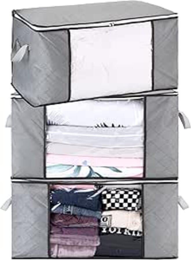 Hinwo 3-Pack 84L Large Fabric Storage Bins, Closet Organizers, Under-Bed Storage, Foldable Clothes Storage Bags with Handles, Containers for Clothing, Quilt, Blanket, Comforters, Bedding, Gray