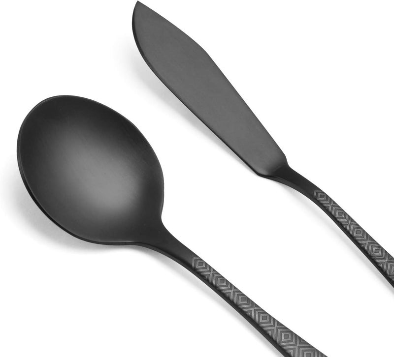 sharecook مجموعة التقديم الماتيه السوداء، 5 قطع 18/0 من الفولاذ المقاوم للصدأ مجموعة كبيرة للمضيفة بحواف مستديرة، تشطيب ساتان، آمنة للغسيل في غسالة الأطباق - ملاعق، شوك، سكين زبدة وملعقة مشقوقة - Image 4