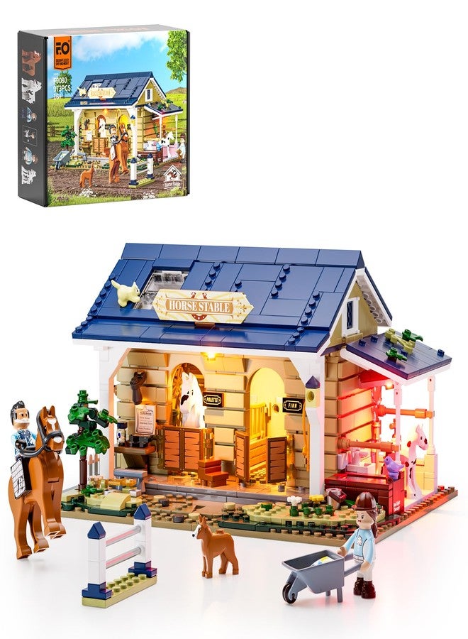 FUNWHOLE Farm Horse-Stable Lighting-Building-Bricks Set - Farm Life Horse Animals Cabin Collection LED Light Cottage Model Display Set 973 Pcs for Adults and Teen - Image 1
