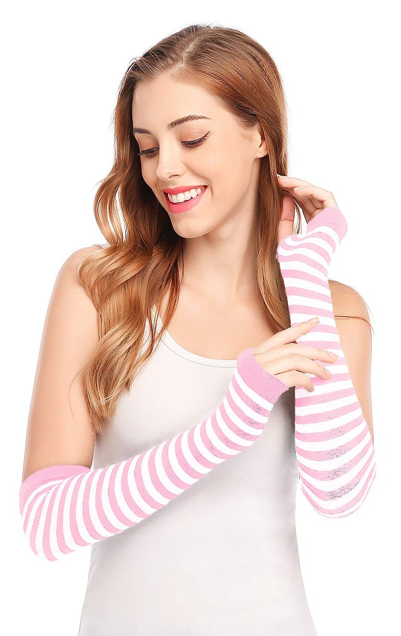 Bienvenu Punk Gothic Rock Long Arm Warmer Fingerless Gloves,PinkWhite - Image 3