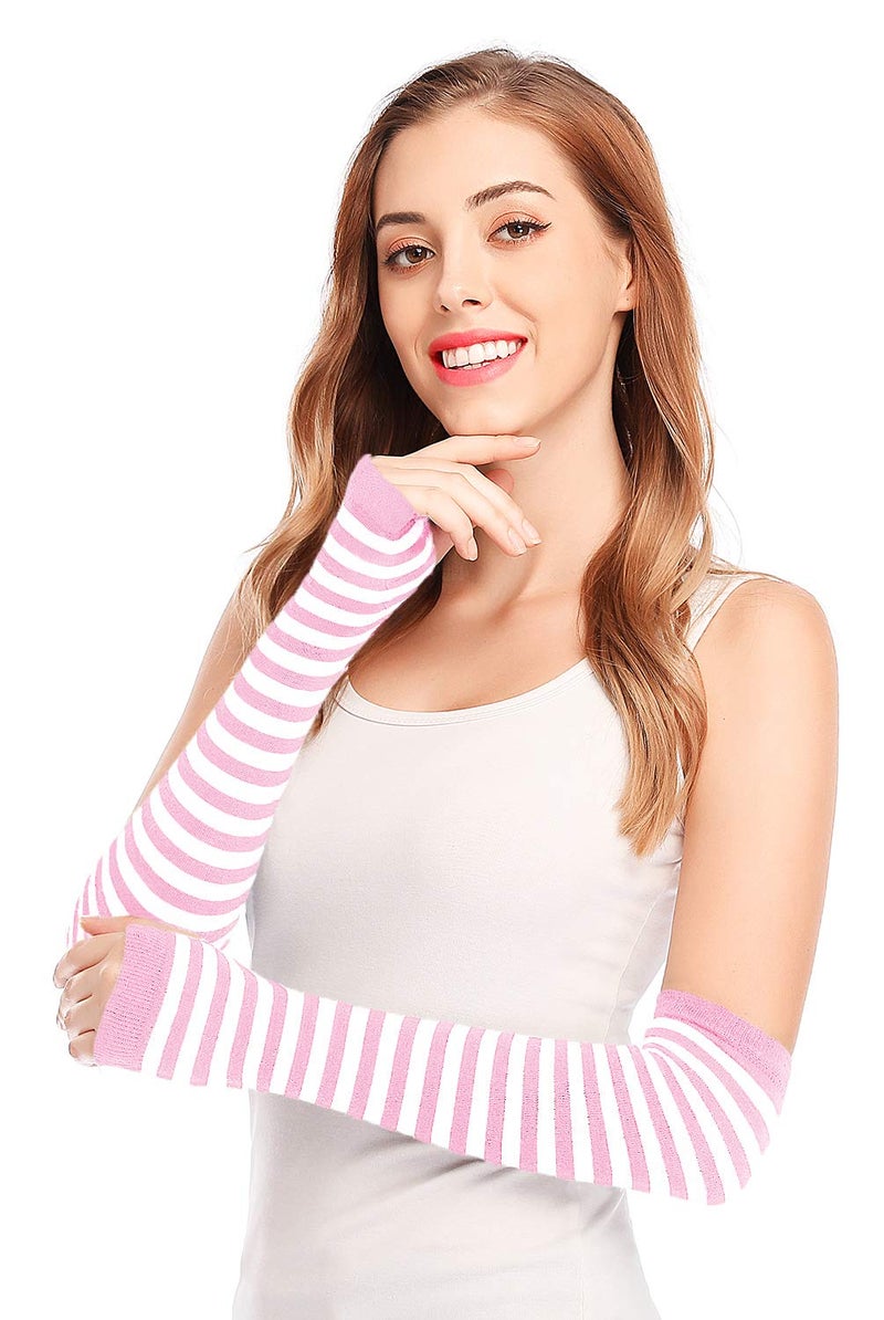 Bienvenu Punk Gothic Rock Long Arm Warmer Fingerless Gloves,PinkWhite - Image 4