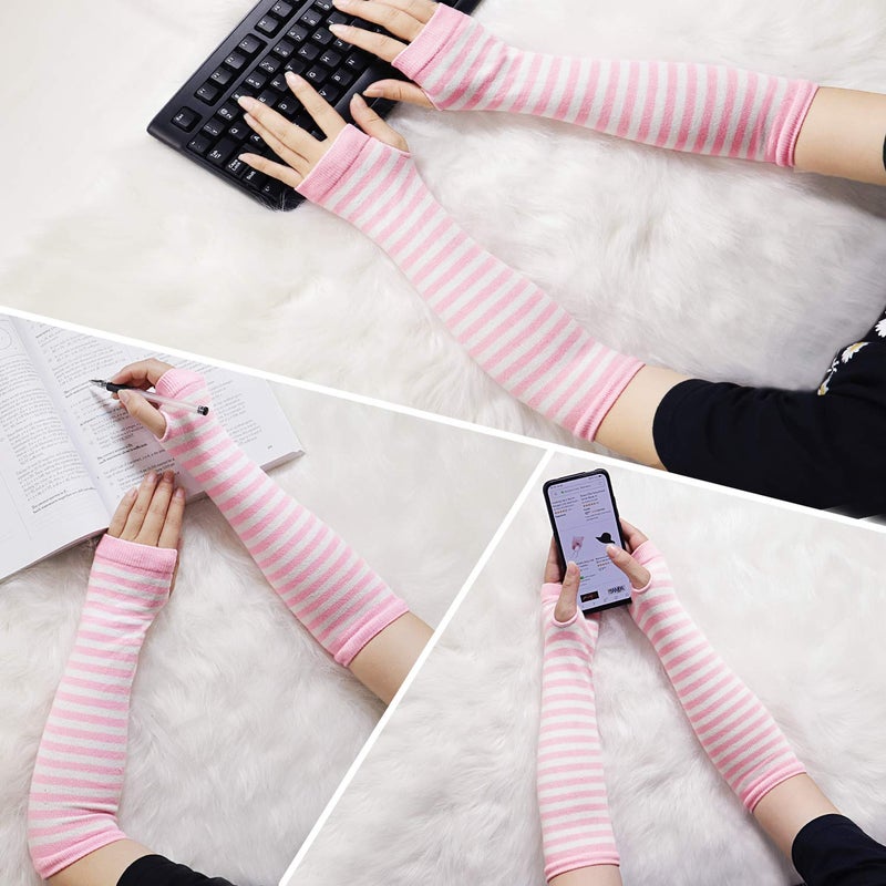 Bienvenu Punk Gothic Rock Long Arm Warmer Fingerless Gloves,PinkWhite - Image 5