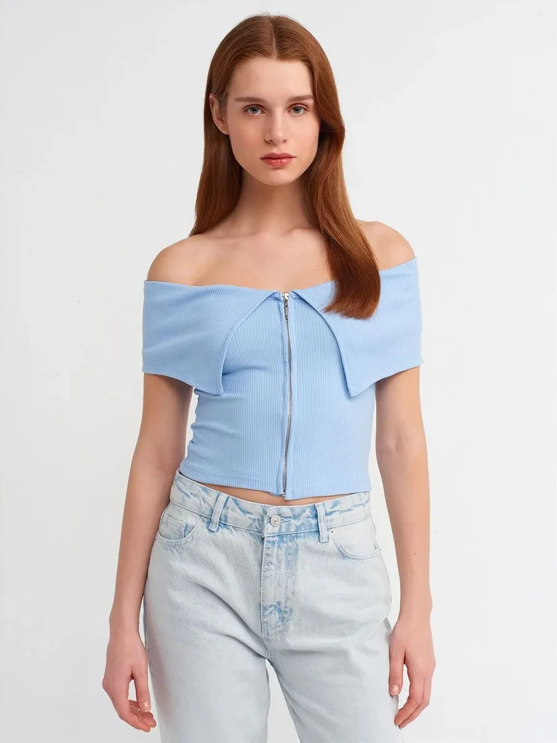 ديلفين Dilvin Women's Off-shoulder Crop T-shirt With Zipper