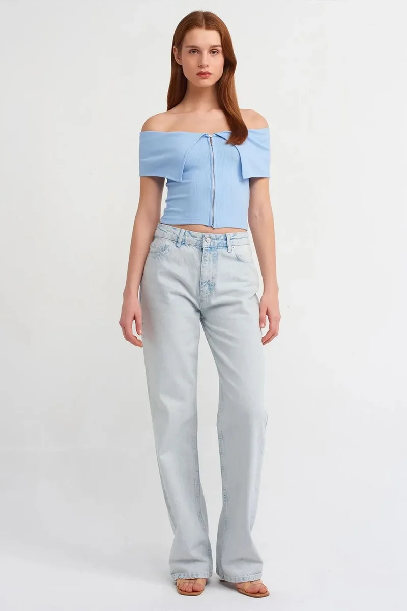 Dilvin Baby Blue DILVIN Women's Off-shoulder Crop T-shirt With Zipper for Women | Best Price UAE