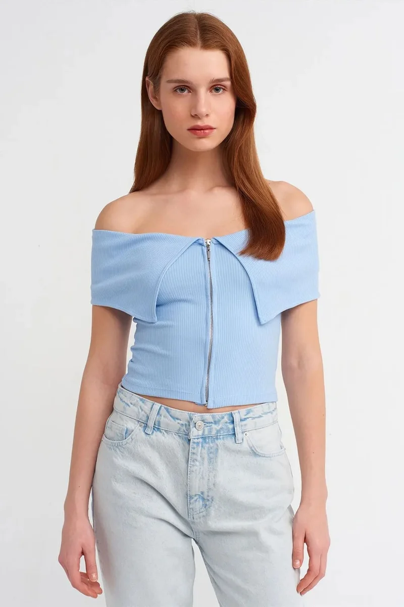 DILVIN Women's Off-shoulder Crop T-shirt With Zipper