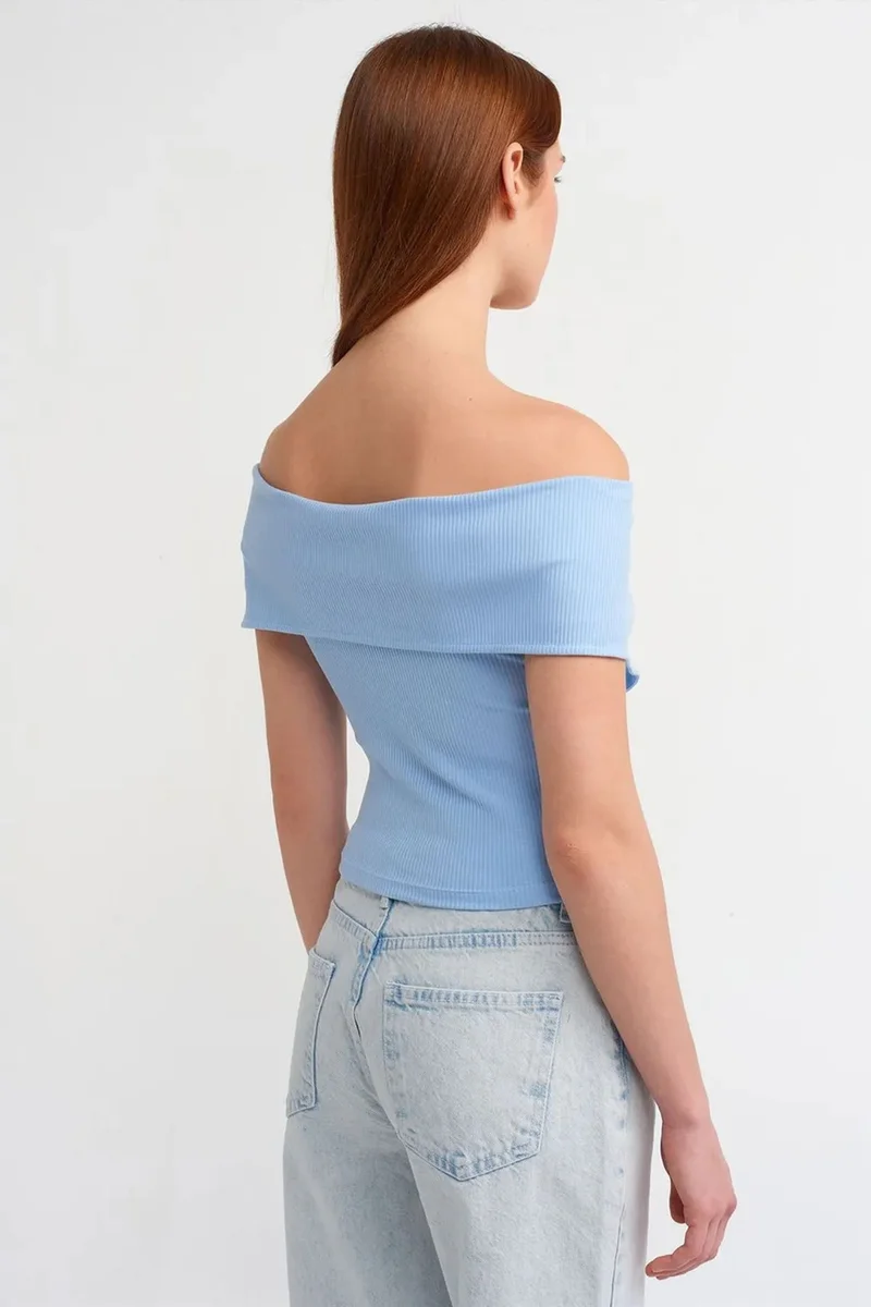 Dilvin Baby Blue DILVIN Women's Off-shoulder Crop T-shirt With Zipper for Women | Best Price UAE