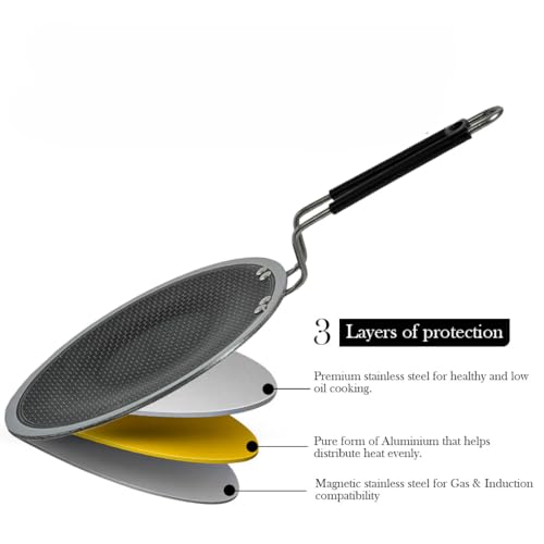 EVERMONT® 2.5MM Thick Non Stick Triply Stainless Steel Dosa Tawa for Dosa/Roti/Chapati/Paratha/with Durable Handle | Size - 26CM | Non Stick Honeycomb Technology| Induction & Gas Compatible - Image 4
