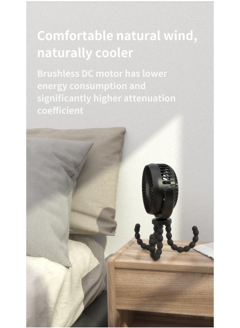 NIBEMINENT - Baby Stroller Fan 5200mAh Oscillating Mini Portable With Lights 3 Speeds Battery Operated 360° Rotate Flexible Tripod Small Clip On Handheld Desk For Car Seat Crib Travel Black - Image 1
