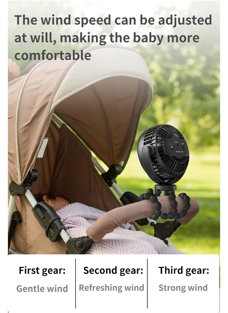 NIBEMINENT - Baby Stroller Fan 5200mAh Oscillating Mini Portable With Lights 3 Speeds Battery Operated 360° Rotate Flexible Tripod Small Clip On Handheld Desk For Car Seat Crib Travel Black - Image 1