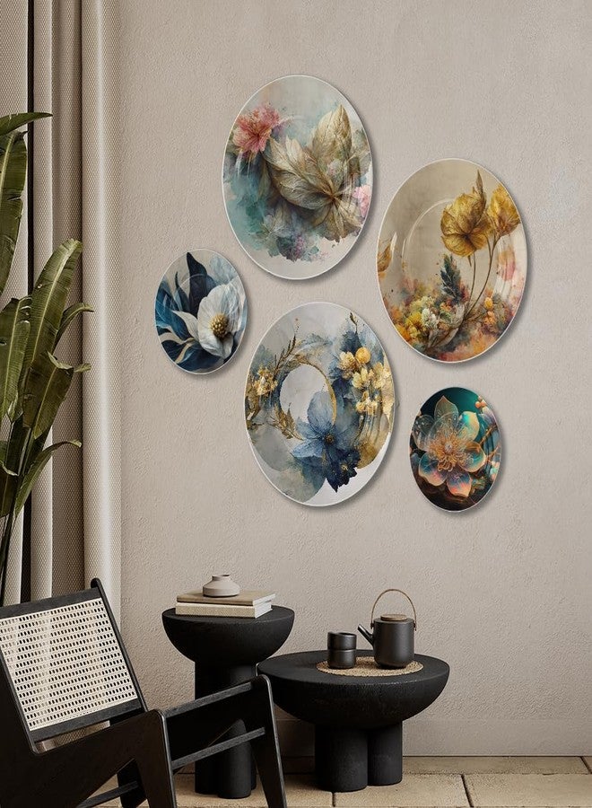 woodhang Elegant Floral Ceramic Decorative Wall Plates Set of 5 for Living Room, Bedroom, Dining Room, and Office Decor|Artistic Nature-Inspired Flower Wall Hanging Art for Home & Gifting - Image 1