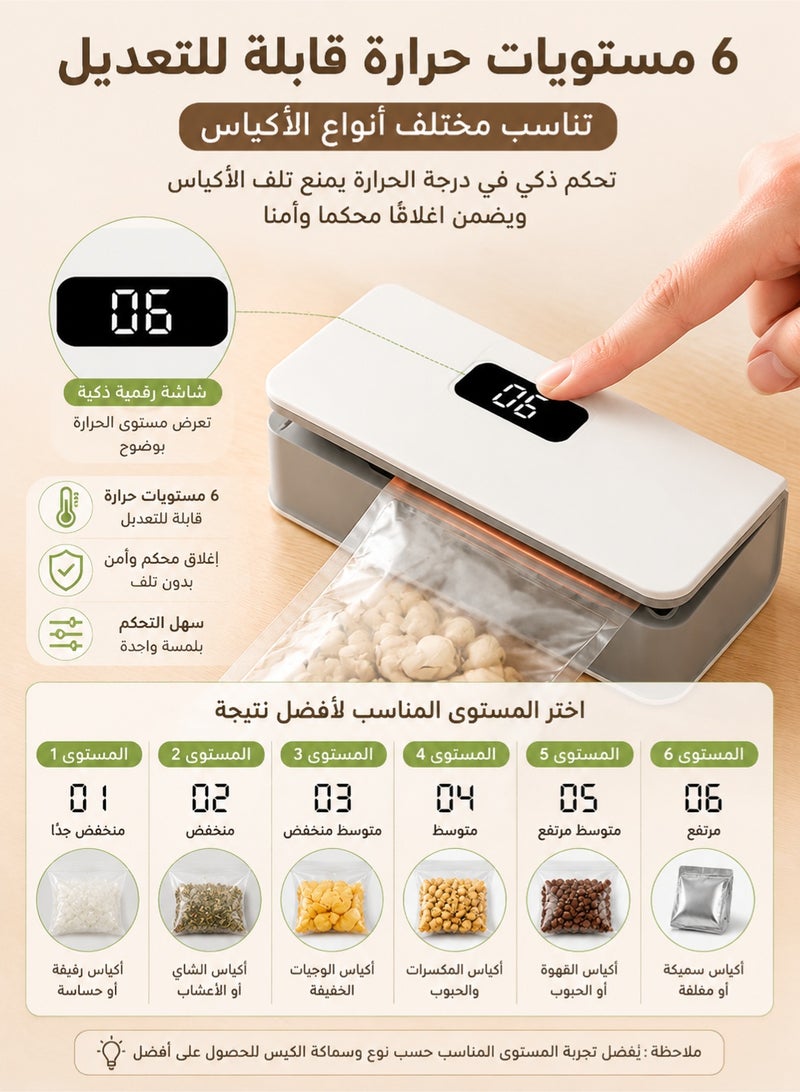 ميون آلة تغليف صغيرة محمولة. جهاز تغليف 2 في 1 + وظيفة الشفرة. شحن من النوع C (بطارية ليثيوم 1300 مللي أمبير). شاشة رقمية ذكية، 6 إعدادات لدرجة الحرارة، تصميم مغناطيسي للثلاجة. مناسبة لتغليف أكياس الشاي/المكسرات/أكياس الخبز، إلخ. مثالية للاستخدام المنزلي/في السكن الجامعي/المكتب. أداة مطبخ أساسية. - Image 3