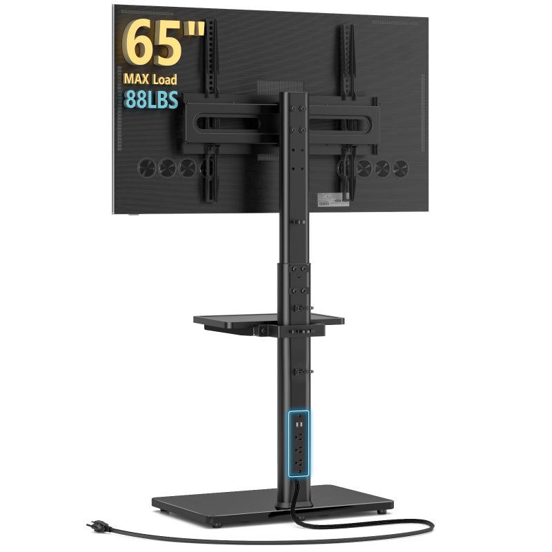 AX WABER Floor TV Stand with Power Outlet& Shelf, Universal TV Stand Mount for 27-65 inch TV up to 88lbs, 70 Degree Swivel 9 Level Height Adjustable with Tempered Glass Base for Bedroom, Office Black - Image 1