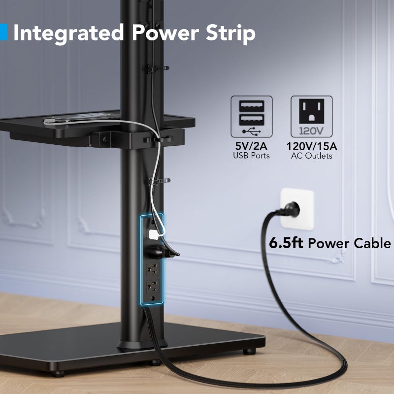 AX WABER Floor TV Stand with Power Outlet& Shelf, Universal TV Stand Mount for 27-65 inch TV up to 88lbs, 70 Degree Swivel 9 Level Height Adjustable with Tempered Glass Base for Bedroom, Office Black - Image 2