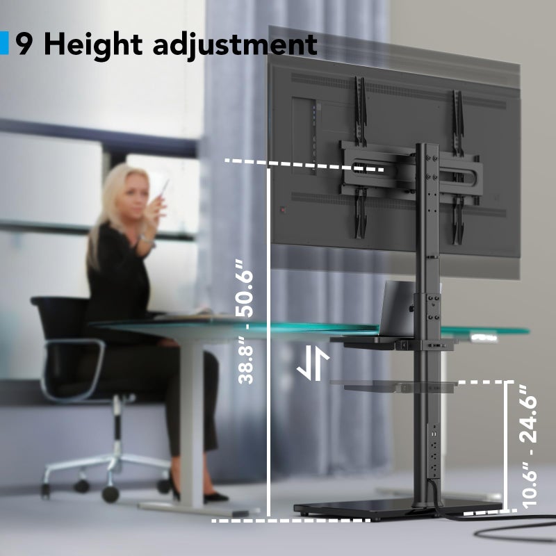 AX WABER Floor TV Stand with Power Outlet& Shelf, Universal TV Stand Mount for 27-65 inch TV up to 88lbs, 70 Degree Swivel 9 Level Height Adjustable with Tempered Glass Base for Bedroom, Office Black - Image 3