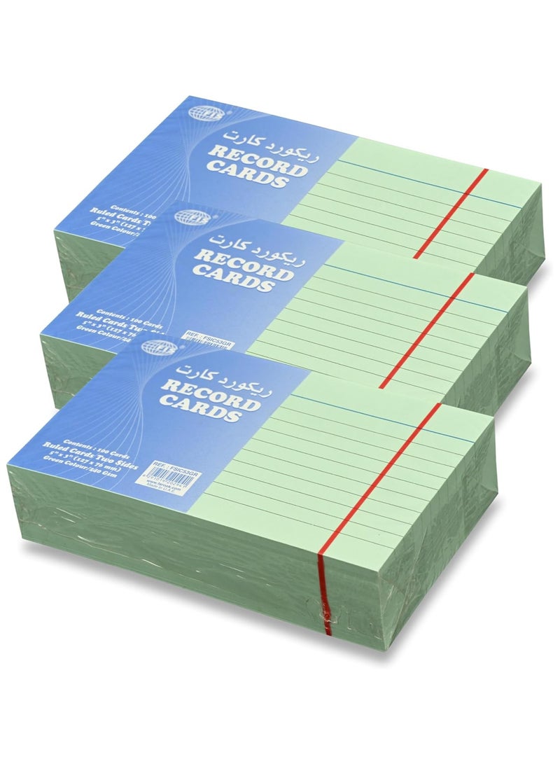 FIS® Ruled Record Cards or Index Cards, Size:5"x3" Inches (127x76mm), Two Sides Single Ruled, 240gsm, 100 Sheets Per Packet, Packet of 3 Pieces, Green Color-FSIC53GR-3 - Image 1