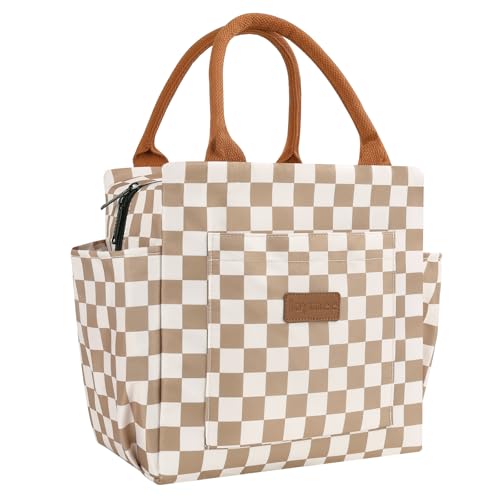 Joymee Lunch Bag Women Insulated Lunch Box Reusable Leakproof Large Spacious Cooler Tote for Women Men Adult with Bottle Holder and Side Pockets for Work Office Travel Picnic Checker Brown - Image 1