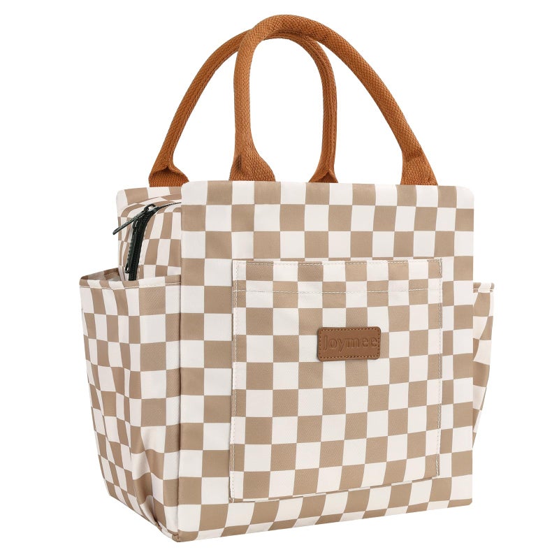 Joymee Lunch Bag Women Insulated Lunch Box Reusable Leakproof Large Spacious Cooler Tote for Women Men Adult with Bottle Holder and Side Pockets for Work Office Travel Picnic Checker Brown - Image 2