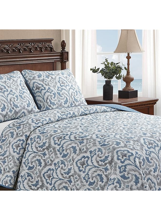 تومي بهاما طقم لحاف قابل للعكس من القطن مع غطاء وسادة متناسق لجميع المواسم، ديكور منزلي ساحلي، توأم، الرأس الأخضر، رمادي دخاني، أزرق - Image 2