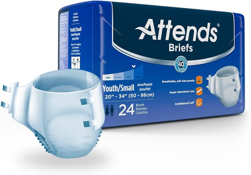 Attends Youth Incontinence Disposable Briefs YouthSmall 2034 Waist with Tab Closure Heavy Absorbency with Super Absorbent Core and Breathable Side Panels 96ct Case - Image 1