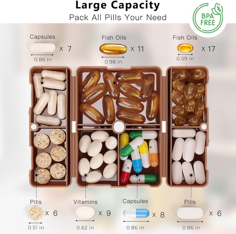 FYY Daily Pill Organizer, 7 Compartments Portable Travel Pill Case, [Folding Design] for Purse Pocket to Hold Vitamins,Cod Liver Oil,Supplements and Medication-Brown - Image 4