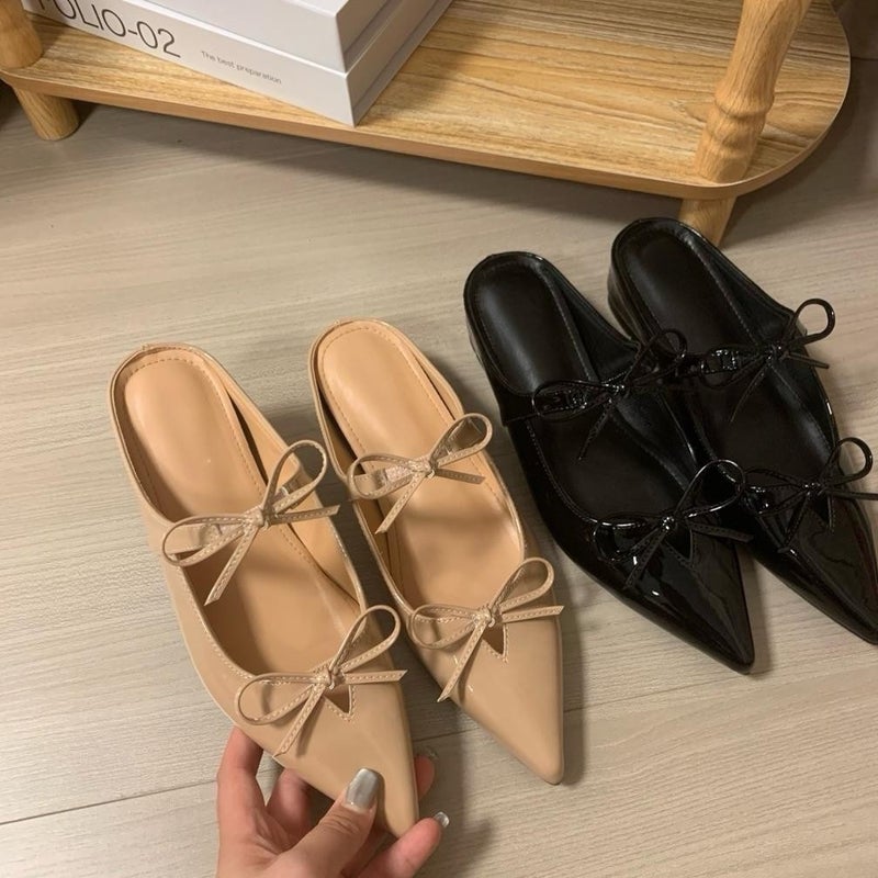 Double Bow Half-Slip Style With 5Cm Inner Height Increase For Small People, Mary Jane Shoes, Pointed Toe Patent Leather Half-Slip, Fashionable And Versatile - Image 3