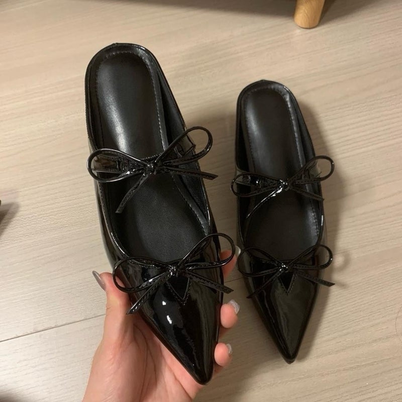 Double Bow Half-Slip Style With 5Cm Inner Height Increase For Small People, Mary Jane Shoes, Pointed Toe Patent Leather Half-Slip, Fashionable And Versatile - Image 1