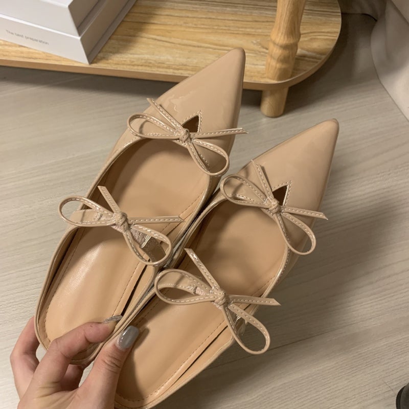 Double Bow Half-Slip Style With 5Cm Inner Height Increase For Small People, Mary Jane Shoes, Pointed Toe Patent Leather Half-Slip, Fashionable And Versatile - Image 2
